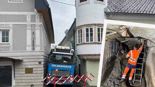 Spektakulärer Einsatz in Vorchdorfer Ortszentrum: 15 Kubikmeter Gesteinsmaterial unter dem Gemeindeamt „abgesaugt“. 