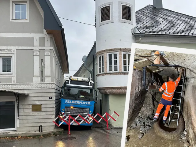 Spektakulärer Einsatz in Vorchdorfer Ortszentrum: 15 Kubikmeter Gesteinsmaterial unter dem Gemeindeamt „abgesaugt“. 